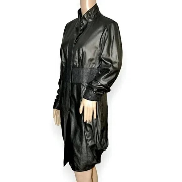 Gian Mori Designer Vintage 80s Black Leather Dress Duster Coat Jacket 40 M 6-8 - Picture 3 of 13